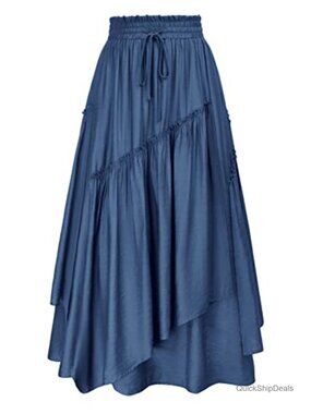 Women's Renaissance Flowy Maxi Skirt with Pockets, A-Line Tiered Pirate Skirt
